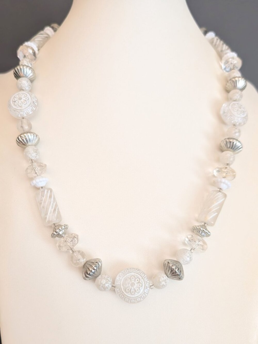Chunky clear, white and silver beaded necklace